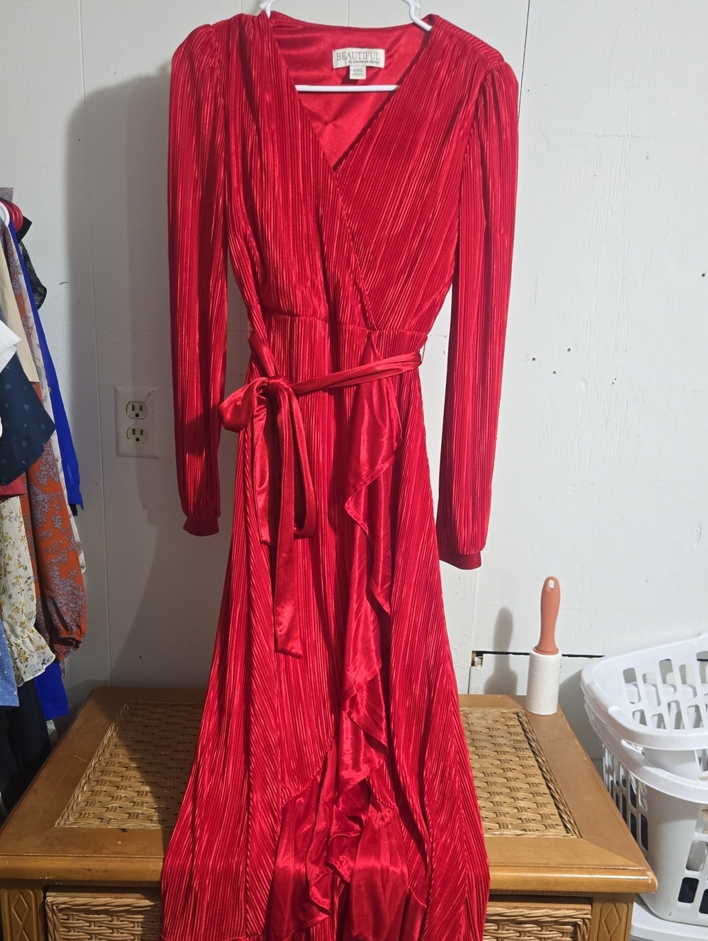Red Long Sleeve Wrap Maxi Dress with Tie Waist